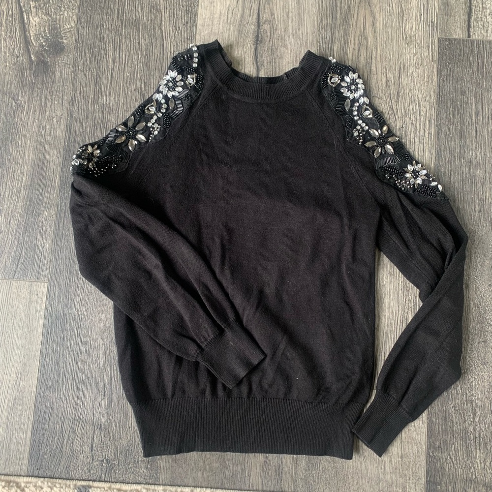 Topshop Crystal Embroidered Cold Shoulder Sweater